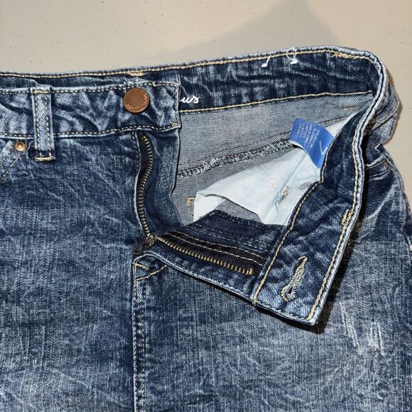 Almost Famous High Rise Denim Mini Skirt Distressed Frayed Hem Side Slits Size 7 - Picture 11 of 14